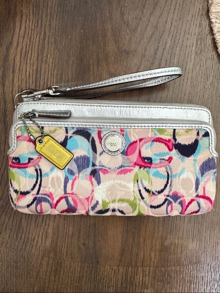 Coach Multicolor Signature Wristlet With Silver Trim And Yellow Tag
